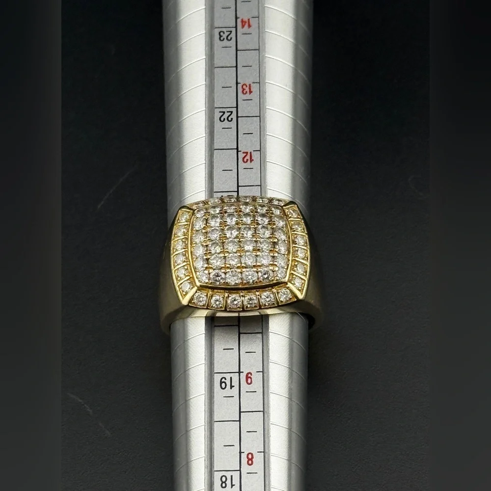14K Yellow Gold Men’s Diamond Ring Square Cluster Round 2.0 Ct Weights 9.7 Grams